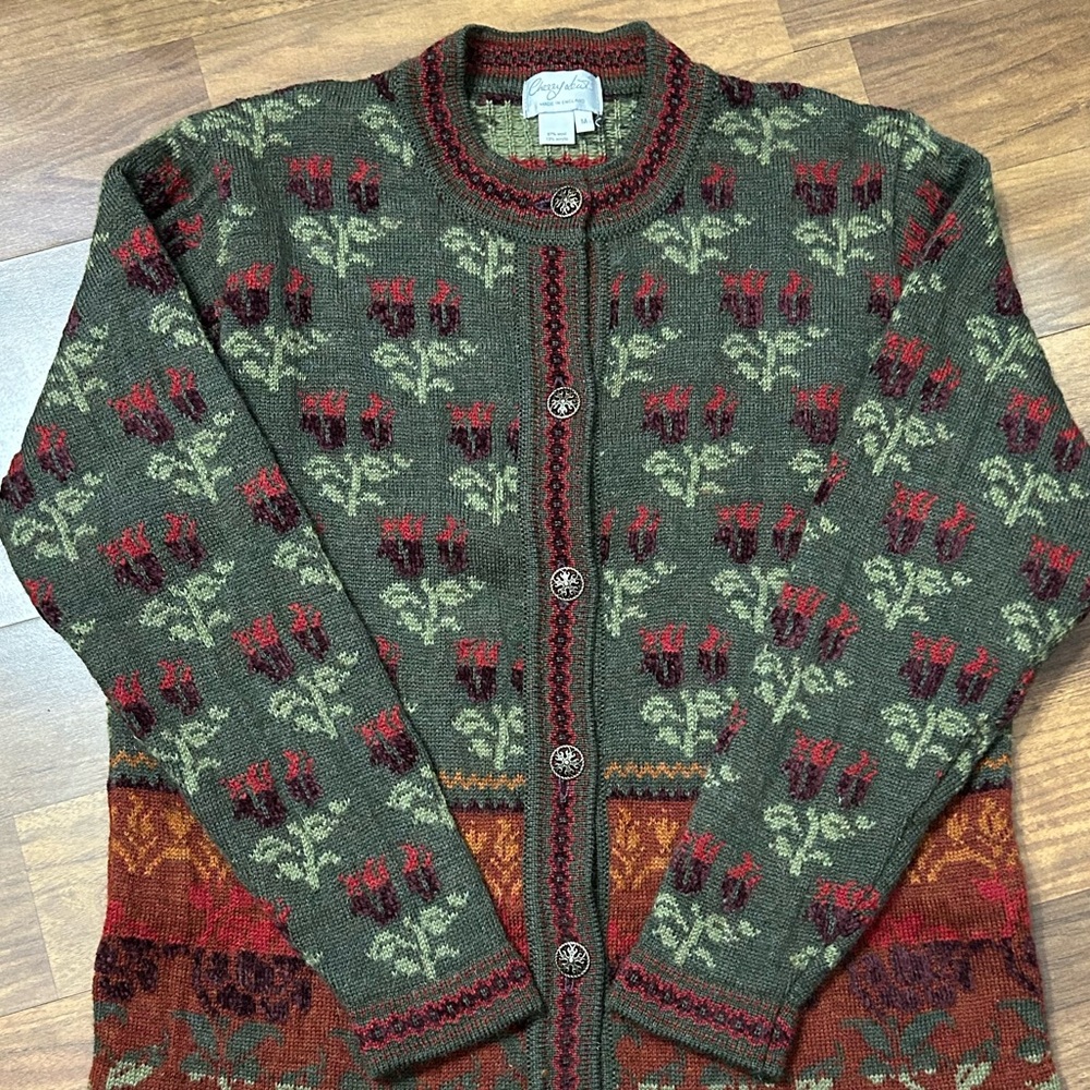 Vintage Cherry Lewis Women's M Wool Blend Floral Nordic Patter Cardigan Sweater - Picture 13 of 13
